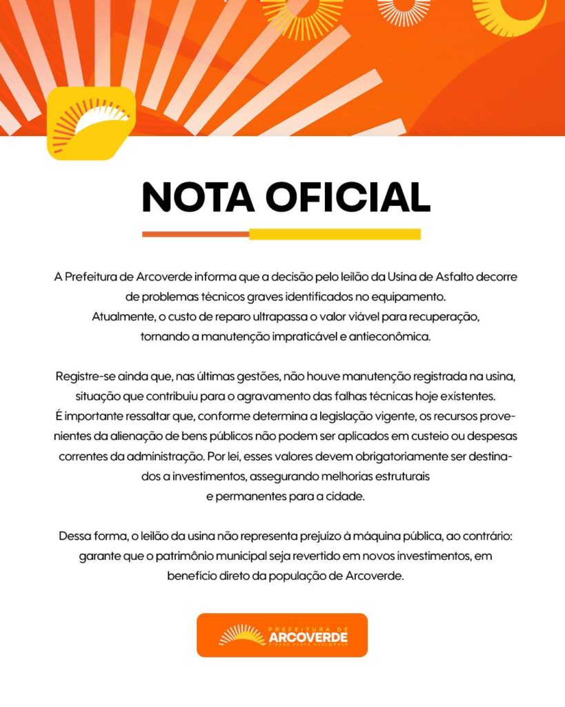 Nota da prefeitura sobre Usina de Asfalto 