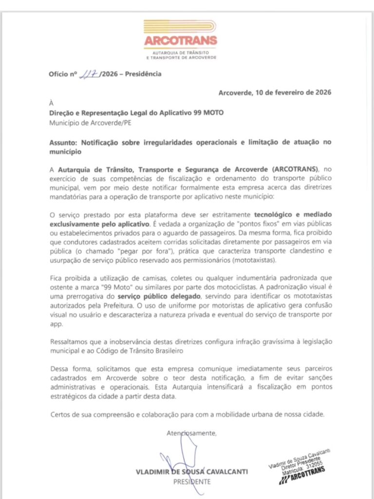 Arcotrans notifica 99Moto Arcoverde
