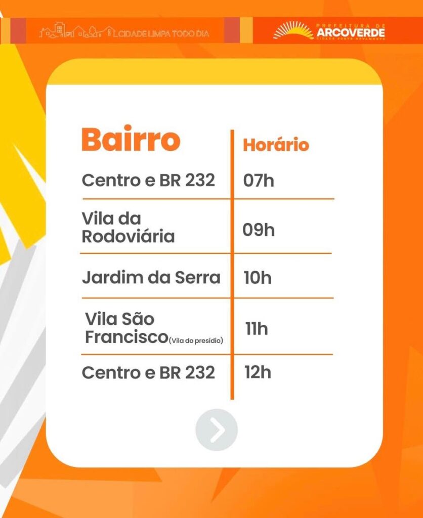 Horários da coleta de lixo em Arcoverde