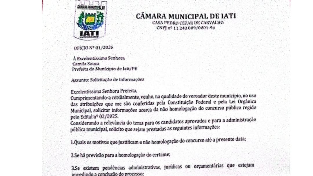 Concurso de Iati segue sem homologação e Prefeitura não responde pedido de esclarecimentos no prazo
