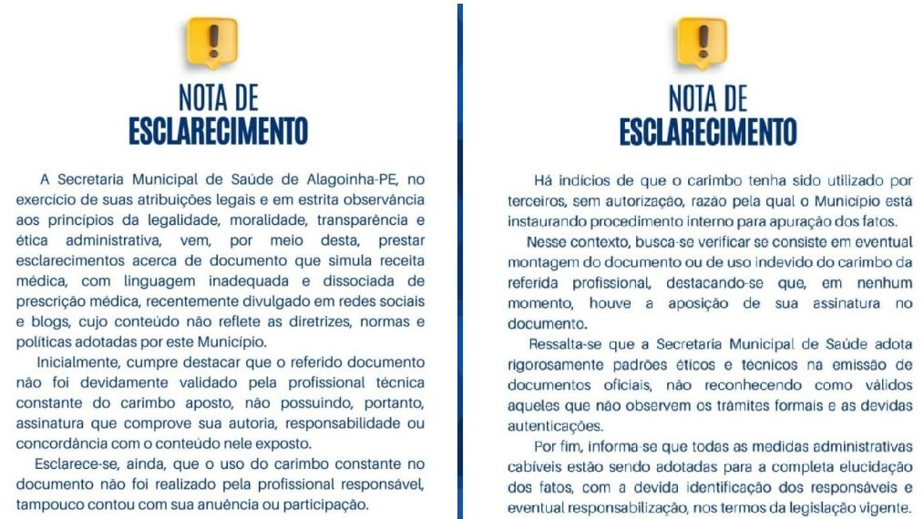 Secretaria de Saúde de Alagoinha emite Nota de Esclarecimento