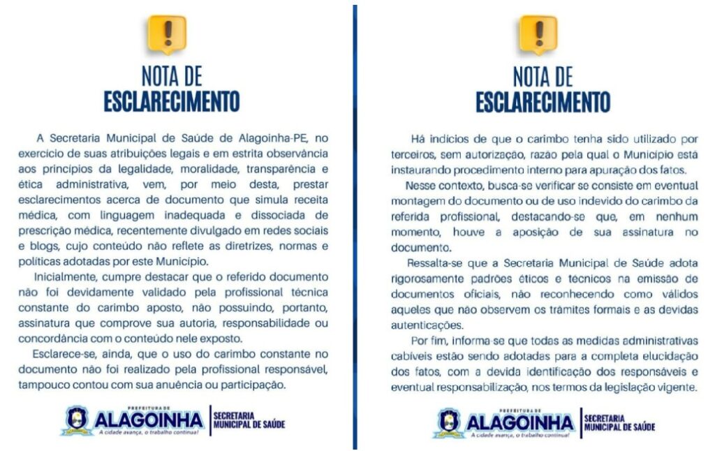Secretaria de Saúde de Alagoinha emite nota esclarecimento