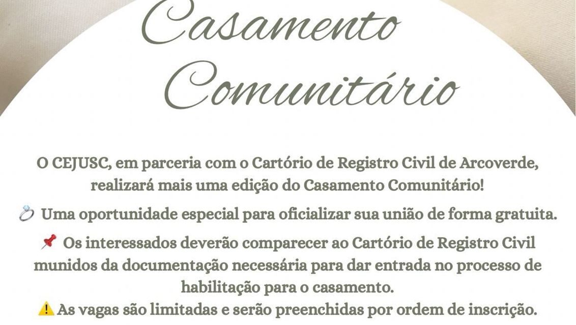 Cejusc e Cartório de Registro Civil abrem inscrições para Casamento Comunitário gratuito em Arcoverde