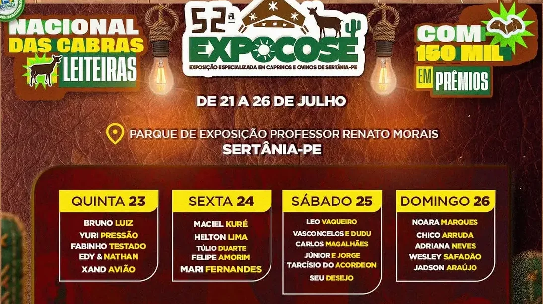 Expocose 2026 terá atrações de alto cachê e investimento estimado supera R$ 6 milhões em Sertânia