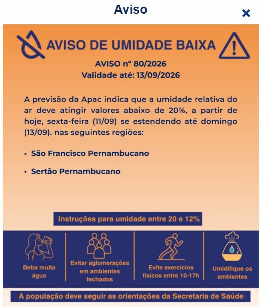 Sertão de Pernambuco entra em alerta para baixa umidade do ar