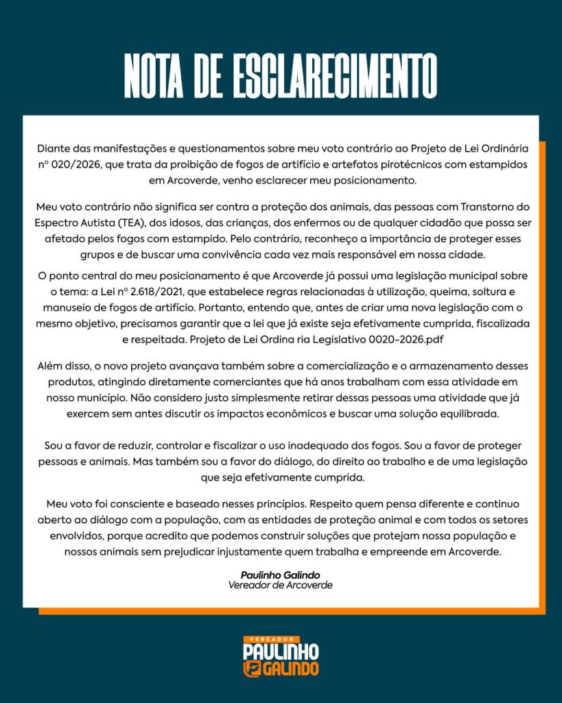 Nota do vereador Paulinho Galindo.