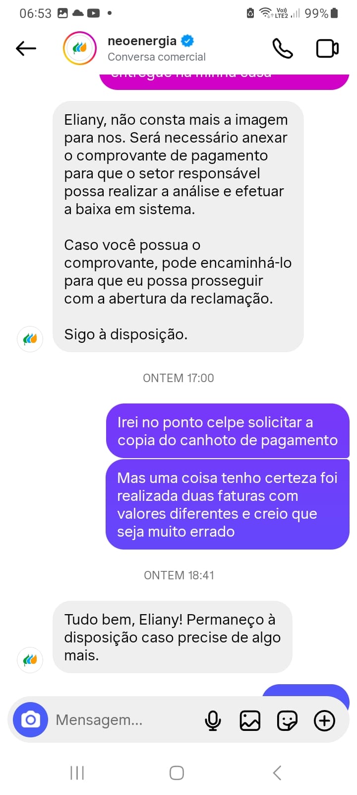 Cobrança em duplicidade em conta da Neoenergia em Inajá