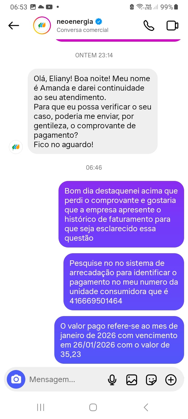 Cobrança em duplicidade em conta da Neoenergia em Inajá